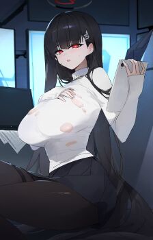 1girl absurdres black_hair blue_archive blush breasts bright_pupils dokshuri hair_ornament hairclip halo highres holding holding_tablet_pc indoors large_breasts long_hair looking_at_viewer millennium_science_school_logo pantyhose red_eyes rio_(blue_archive) skirt solo sweater tablet_pc torn_clothes torn_pantyhose torn_sweater turtleneck very_long_hair white_pupils white_sweater