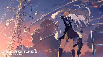 1girl absurdres ak-alfa_(girls'_frontline) assault_rifle black_sailor_collar black_shirt black_skirt character_name cloud cloudy_sky copyright_name dusk floating_hair girls'_frontline girls'_frontline_2:_exilium grey_hair gun hand_up highres holding holding_gun holding_weapon jacket long_hair long_sleeves looking_to_the_side neckerchief official_art open_clothes open_jacket pleated_skirt power_lines rifle robo_nonagon sailor_collar school_uniform shirt sidelighting skirt sky solo tololo_(girls'_frontline_2) tololo_(horizon_cruise)_(girls'_frontline_2) transmission_tower weapon white_jacket white_neckerchief yellow_eyes