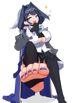1girl absurdres barefoot black_thighhighs block_hair blue_eyes blush breasts feet foot_focus gloves highres hololive hololive_english large_breasts long_hair looking_at_viewer microphone open_mouth ouro_kronii pompmaker1 presenting_foot soles stirrup_legwear thighhighs toeless_legwear toes virtual_youtuber