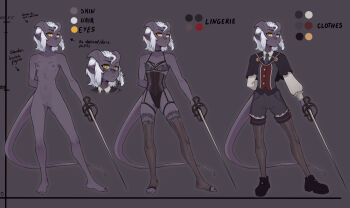 1girl arm_behind_back barefoot black_capelet black_corset black_necktie black_shirt black_shoes bra breasts capelet clothes_on_and_off color_guide colored_skin commentary completely_nude corset demon_girl demon_horns english_commentary epee expressionless eyewear_strap full_body glasses grey_background hair_between_horns hair_slicked_back height height_mark highleg highleg_panties highres holding holding_sword holding_weapon horns legs_apart lingerie long_sleeves looking_at_viewer malberrybush measurements multiple_views navel necktie no_pupils nude original panties pointing_out_the_details pointy_ears puffy_sleeves purple_skin pussy reference_sheet round_eyewear shirt shoes short_hair shorts skinny small_breasts solo standing sword tail toeless_legwear underwear vigil_nightwarden_(silverfox442) weapon white_hair yellow_eyes