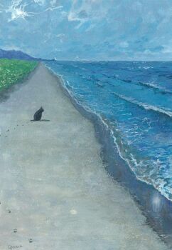 beach black_cat blue_sky cat cloud cloudy_sky commentary_request day footprints goma_ramen_(gomaramen888) highres no_humans ocean original outdoors sand scenery sky