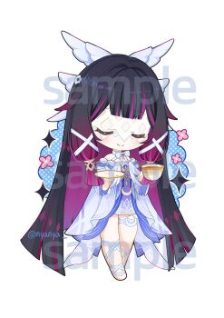 Rule 34 | 1girl, bare shoulders, black hair, chibi, closed eyes, closed mouth, columbina (genshin impact), commentary request, cup, dress, full body, genshin impact, hair ornament, highres, holding, holding cup, holding plate, long hair, multicolored hair, nyanya, plate, purple hair, sample watermark, simple background, smile, solo, standing, twitter username, very long hair, watermark, white background, white dress, wing hair ornament
