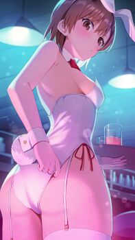 1girl absurdres animal_ears ass barcode bare_shoulders breasts brown_eyes brown_hair ceiling_light commentary commentary_request cup drink english_commentary fake_animal_ears fake_tail from_behind garter_straps highres holding indoors leotard looking_at_viewer misaka_mikoto pension_z playboy_bunny rabbit_ears rabbit_tail short_hair small_breasts solo tail thighhighs thighs toaru_kagaku_no_railgun toaru_majutsu_no_index white_garter_straps white_leotard white_thighhighs wrist_cuffs