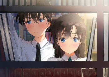 1boy 1girl arm_up averting_eyes black_necktie blue_eyes blurry blurry_background blush book bookshelf bookshelf_pov brown_hair closed_mouth collared_shirt commentary_request crossed_bangs green_necktie hair_between_eyes ice_(ice_aptx) indoors kudou_shin&#039;ichi long_hair long_sleeves looking_away meitantei_conan mouri_ran necktie school_uniform shirt short_hair teitan_high_school_uniform upper_body white_shirt