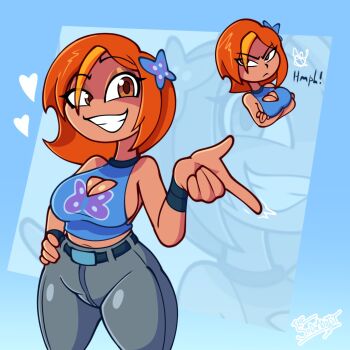 1girl :< aqua_background breasts butterfly_(planetronika) chibi cleavage cleavage_cutout clothing_cutout curvy highres large_breasts looking_at_viewer midriff multiple_views navel orange_hair planetronika short_hair solo thesoderaddict wide_hips zoom_layer