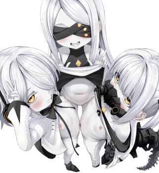 3girls black_mask black_tail blindfold blue_archive blush clothes_lift colored_skin commentary covered_eyes dress dress_lift ein_(blue_archive) english_commentary esearu female_focus flat_chest from_above grin hair_over_one_eye highres lifting_own_clothes loli long_hair long_sleeves mask mechanical_hands mechanical_tail medium_hair multiple_girls navel nipples ohr_(blue_archive) respirator short_hair simple_background smile sof_(blue_archive) standing tail white_background white_dress white_hair white_skin yellow_eyes