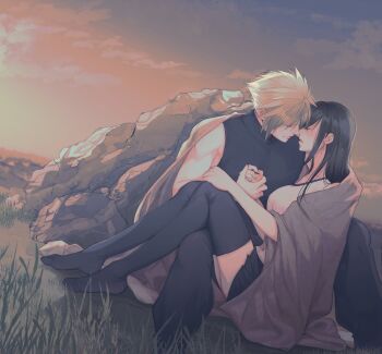 1boy 1girl baggy_pants black_hair black_skirt black_thighhighs blanket blonde_hair breasts closed_eyes cloud cloud_strife cloudy_sky commentary_request couple crop_top cuddling earrings facing_another feet feet_out_of_frame final_fantasy final_fantasy_vii final_fantasy_vii_remake from_side grass highres holding_hands jewelry knees_up long_hair medium_breasts miniskirt mixmomo_yah no_shoes outdoors pants pleated_skirt ribbed_sweater rock shared_blanket short_hair single_earring sitting sitting_between_lap sitting_on_lap sitting_on_person skirt sky sleeveless sleeveless_turtleneck spiked_hair sweater tank_top thighhighs tifa_lockhart turtleneck turtleneck_sweater white_tank_top