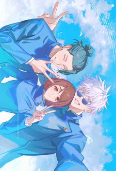 1girl 2boys artist_name bird black_eyes black_hair blue_eyes brown_hair closed_eyes closed_mouth cloud day earrings eyelashes getou_suguru gojou_satoru hair_bun harenzero high_collar highres inward_v jewelry jujutsu_kaisen jujutsu_tech_uniform kugisaki_nobara long_sleeves looking_at_viewer mole mole_under_eye multiple_boys outdoors parted_lips selfie short_hair sideways single_hair_bun sky smile sunglasses upper_body v white_hair