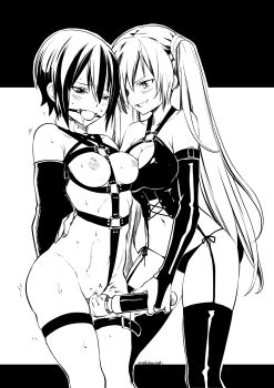 2girls abs armbinder ball_gag bdsm blush bondage bondage_outfit bound collar dominatrix eudetenis female_focus femdom fire_emblem fire_emblem_awakening forced_orgasm gag gagged harness highres hitachi_magic_wand kjelle_(fire_emblem) long_hair monochrome multiple_girls nintendo nipples pussy pussy_juice saliva severa_(fire_emblem) sex_toy short_hair slave smile thighhighs twintails uncensored vibrator yuri