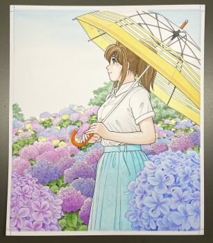 Rule 34 | 1girl, blue flower, blue skirt, blue sky, border, brown eyes, brown hair, closed mouth, collared shirt, commentary request, dew drop, dress shirt, feet out of frame, field, flower, flower field, from side, hanamaki maria, highres, holding, holding umbrella, hydrangea, konbini maria, long skirt, medium hair, miura mitsuru, official artist extra, outdoors, pink flower, ponytail, purple flower, shirt, shirt tucked in, short sleeves, skirt, sky, smile, solo, traditional media, transparent, transparent umbrella, tree, umbrella, upturned eyes, water drop, white border, white shirt