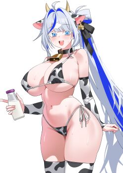 1girl absurdres ahoge alternate_breast_size_(larger) animal_ear_hairband animal_ears animal_print aokumo_rin armpit_crease bell bikini black_collar blue_eyes blue_streaks blush bottle breasts collar cow_ear_hairband cow_ears cow_horns cow_print cow_print_bikini cow_print_sleeves cowbell cowboy_shot detached_sleeves ear_tag fake_animal_ears fake_horns glass_bottle grey_hair hairband highres holding holding_bottle horns huge_breasts long_hair looking_at_viewer milk_bottle multicolored_hair navel neck_bell open_mouth parted_bangs plentyofempty print_bikini side-tie_bikini_bottom simple_background smile solo stellive stomach streaked_hair sweat swimsuit very_long_hair virtual_youtuber white_background