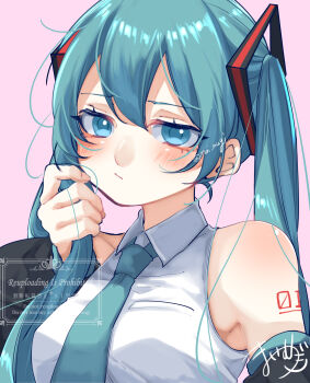 Rule 34 | 1girl, absurdres, aqua eyes, aqua hair, aqua necktie, aqua trim, arm tattoo, bare shoulders, blush, breasts, closed mouth, collared shirt, commentary request, detached sleeves, hair between eyes, hair ornament, hatsune miku, highres, holding, holding own hair, long hair, long sleeves, mai mugi, medium breasts, necktie, number tattoo, pink background, shirt, simple background, sleeveless, sleeveless shirt, solo, tattoo, twintails, twitter username, very long hair, vocaloid, white shirt