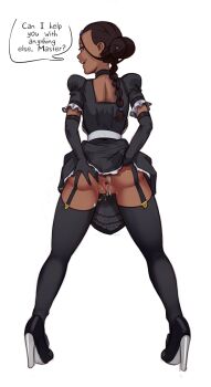 1girl after_anal after_vaginal alternate_costume apron ass avatar:_the_last_airbender avatar_legends backboob bad_id bad_pixiv_id black_choker black_gloves black_thighhighs blue_eyes braid breasts brown_hair choker clothes_lift cum cum_in_ass cum_in_pussy cumdrip dark-skinned_female dark_skin deep_skin dress dress_lift elbow_gloves english_text enmaided female_focus from_behind full_body gaping garter_straps gloves hair_bun high_heels highres katara large_breasts long_hair looking_back maid no_panties polyle presenting puffy_short_sleeves puffy_sleeves pussy short_sleeves simple_background single_braid single_hair_bun solo speech_bubble spread_ass standing sweat thighhighs uncensored white_background