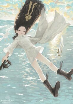 1girl bare_legs bird black_boots black_hair blue_sky bluesky_username boots broom cape closed_eyes cloud cloudy_sky dated dress expressionless falling gregor_(tsurunoka) hair_ribbon highres holding holding_broom horizon lead_white_(tsurunoka) long_hair original outdoors ribbon sky tsumetai_(tsurunoka) white_cape white_dress yellow_ribbon