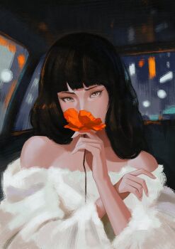 Rule 34 | 1girl, absurdres, arm up, bad id, bad twitter id, bare shoulders, black hair, brown eyes, car interior, city lights, coat, covering own mouth, eyelashes, flower, fur coat, highres, holding, holding flower, lem, looking at viewer, medium hair, orange flower, original, solo focus, upper body, white coat