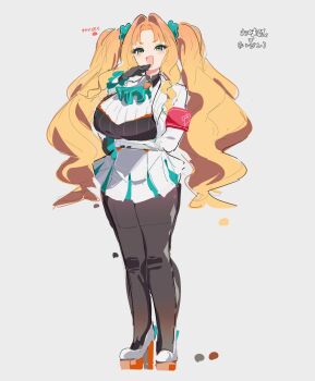 1girl :d aqua_ascot aqua_scrunchie arm_under_breasts armband ascot black_gloves black_pantyhose blonde_hair blush breasts color_guide commentary_request full_body gloves green_eyes grey_background hair_intakes hair_ornament hair_scrunchie hand_up high_heels highres jacket large_breasts long_hair long_sleeves miniskirt ojou-sama_pose open_mouth orange_hair orange_shoes original osakana_(kitasisn) pantyhose parted_hair pleated_skirt red_armband ribbed_shirt scrunchie shirt shoes short_eyebrows sidelocks simple_background skirt smile solo standing twintails very_long_hair wavy_hair white_jacket white_shirt white_shoes white_skirt