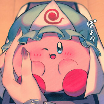 Rule 34 | 1girl, 1other, ;d, absurdres, blue eyes, blue hat, chinese commentary, commentary request, cosplay, hat, highres, kirby, kirby (series), looking at viewer, mixed-language commentary, nintendo, one eye closed, open mouth, purple nails, qiu ju, saigyouji yuyuko, saigyouji yuyuko (cosplay), smile, solo focus, touhou, translated, triangular headpiece, yakumo yukari