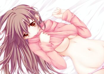 Rule 34 | 1girl, breasts, brown hair, clothes lift, female focus, groin, long hair, looking at viewer, lying, navel, on back, orange eyes, original, panties, pink panties, rayn, shirt lift, solo, sweater, sweater lift, underboob, underwear