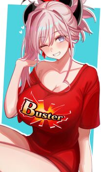 0nineo9 1girl absurdres breasts buster_shirt cleavage commentary english_commentary fate/grand_order fate_(series) grin heart highres large_breasts looking_at_viewer miyamoto_musashi_(fate) one_eye_closed pink_hair ponytail red_shirt shirt single_bare_shoulder single_sidelock smile solo