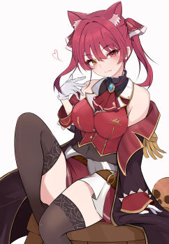 1girl absurdres animal_ears ascot belt breasts brown_belt cat_ears covered_navel cropped_vest gloves hair_ribbon hand_up heterochromia highres hololive houshou_marine houshou_marine_(1st_costume) jacket large_breasts leotard leotard_under_clothes looking_at_viewer miniskirt off_shoulder red_ascot red_eyes red_hair red_skirt ribbon simple_background sitting skirt skull solo thighhighs thighs twintails vest virtual_youtuber white_background white_gloves xhajimek yellow_eyes