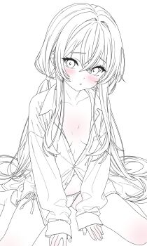 1girl absurdres andrea_(arazand) arazand blush borrowed_clothes boyfriend's_shirt breasts eyebrows_hidden_by_hair hair_between_eyes highres long_hair looking_at_viewer midriff navel no_bra open_mouth original panties partially_colored partially_unbuttoned shirt simple_background sitting small_breasts solo twintails underwear white_background