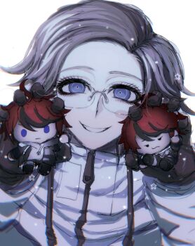 1boy absurdres aotsuki_eito black_gloves blue_eyes character_doll commentary doll eyelashes glasses gloves grey_eyes grey_hair grin hands_up highres holding holding_stuffed_toy jacket looking_at_viewer male_focus multicolored_hair oishikunatte_shintoujou red_hair rimless_eyewear ringed_eyes short_hair simple_background smile solo streaked_hair stuffed_toy sumino_takumi the_hundred_line_-last_defense_academy- upper_body white_background white_jacket
