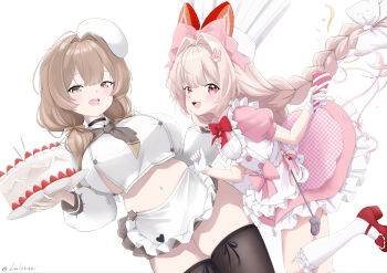 Rule 34 | 2girls, absurdres, apron, black thighhighs, braid, bready (nikke), breasts, brown eyes, brown hair, commentary, crop top, crust (nikke), dress, english commentary, frilled dress, frills, goddess of victory: nikke, highres, holding, holding plate, looking at viewer, mary janes, multiple girls, open mouth, pink dress, pink hair, plate, red eyes, red shoes, shirt, shoes, smile, thighhighs, twin braids, wataamerakugaki, white apron, white shirt, white thighhighs