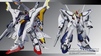 3d absurdres beam_rifle commentary_request earth_federation energy_gun gradient_background gundam gundam_hathaway's_flash highres inviter_oro looking_at_viewer machinery mecha mecha_focus missile_pod mobile_suit no_humans penelope_(hathaway's_flash) robot shield signature v-fin weapon xi_gundam