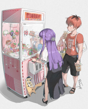 1boy 2girls black_shirt blush bosstseng bubble_tea crane_game drinking fern_(sousou_no_frieren) frieren gen_1_pokemon green_eyes grey_background grey_hair hair_ornament high_heels highres long_hair mimic mimic_chest multiple_girls nintendo pikachu pokemon pokemon_(creature) profile purple_hair red_hair red_shirt sandals shadow shirt signature sousou_no_frieren stark_(sousou_no_frieren) translation_request