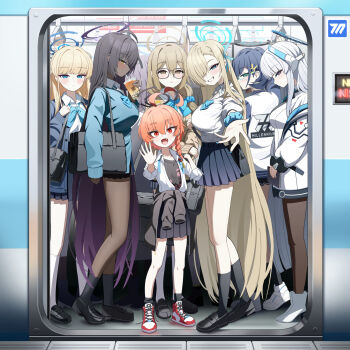 6+girls ahoge akane_(blue_archive) akane_(school_uniform)_(blue_archive) asuna_(blue_archive) asuna_(school_uniform)_(blue_archive) bag black_hair black_halo blonde_hair blue_archive blue_bow blue_bowtie blue_halo bow bowtie breasts bubble_tea chihiro_(blue_archive) clothes_around_waist dark-skinned_female dark_skin drinking_straw fang garados_(limmjiiiminnn99) glasses hair_over_one_eye halo highres jacket karin_(blue_archive) karin_(school_uniform)_(blue_archive) large_breasts long_hair millennium_science_school_logo multiple_girls neru_(blue_archive) neru_(school_uniform)_(blue_archive) noa_(blue_archive) orange_hair school_bag school_uniform scrunchie shirt smile subway toki_(blue_archive) toki_(school_uniform)_(blue_archive) very_long_hair waving white_hair white_jacket white_shirt wrist_scrunchie