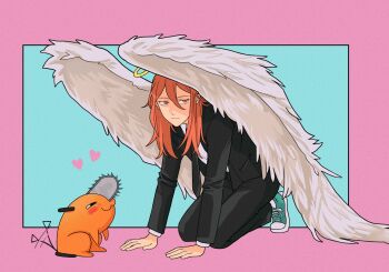 1boy :3 angel_devil_(chainsaw_man) angel_wings black_necktie black_pants blush chainsaw chainsaw_man closed_mouth collared_shirt florbetriz formal_clothes hair_between_eyes halo hands_on_floor hashtag-only_commentary heart highres invisible_floor jacket kneeling long_hair male_focus necktie pants pochita_(chainsaw_man) shirt suit suit_jacket tail tail_wagging traditional_halo white_shirt white_wings wings