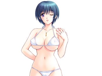 bikini blue_hair blush breasts game_cg izawa_ritsuko jewelry kuroda_akimi large_breasts looking_at_viewer micro_bikini navel necklace non-web_source official_art one_eye_closed pixie_cut purple_eyes ring short_hair smile swimsuit tsuma_shibori tsumamigui_(series) underboob wedding_ring white_bikini