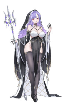 Rule 34 | 1girl, :o, absurdres, alternate breast size (larger), alternate costume, bare shoulders, black dress, black panties, black shoes, black thighhighs, black veil, breasts, collarbone, commentary request, dress, full body, halloween costume, hand up, highres, holding, holding scythe, large breasts, long hair, long sleeves, looking at viewer, multicolored hair, nun, open mouth, panties, pelvic curtain, purple hair, red eyes, scythe, shoes, simple background, solo, streaked hair, thighhighs, thighs, underboob, underwear, veil, vivian banshee, white background, yinghuahua, zenless zone zero