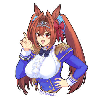 1girl animal_ears blue_jacket blush bow breasts brown_hair center_frills cropped_torso daiwa_scarlet_(peak_blue)_(umamusume) daiwa_scarlet_(umamusume) epaulettes fang framed_breasts frills hair_between_eyes hair_intakes horse_ears horse_girl jacket large_breasts long_hair long_sleeves looking_at_viewer meziosaur open_mouth red_eyes shirt simple_background smile solo tiara twintails umamusume very_long_hair white_background white_shirt