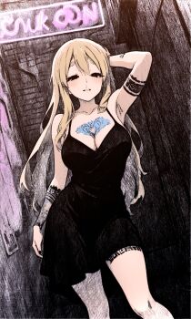 1girl arm_behind_head arm_tattoo black_dress blonde_hair blue_tattoo blush breast_tattoo breasts brick_wall building cleavage dress hand_on_own_hip highres k-on! kotobuki_tsumugi leg_tattoo long_hair looking_at_viewer nail_polish neon_lights shadow tattoo thighs zap2000jp