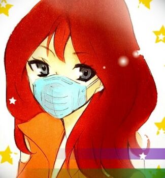 1girl angel_omachi bad_id bad_pixiv_id bare_shoulders covered_mouth ginga_senpuu_braiger grey_background j9_series long_hair lowres machiko_valencia mask mouth_mask orange_shirt red_hair shirt simple_background sleeveless sleeveless_shirt star_(symbol) surgical_mask upper_body