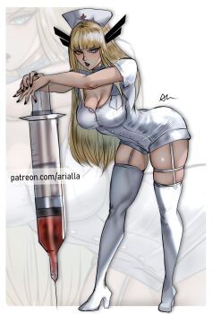 1girl absurdres arialla_draws ass blonde_hair blue_eyes breasts cleavage cross dress garter_straps hat highres holding holding_syringe large_syringe long_hair looking_at_viewer magik_(x-men) marvel marvel_rivals nurse nurse_cap oversized_object red_cross simple_background solo syringe thighhighs x-men
