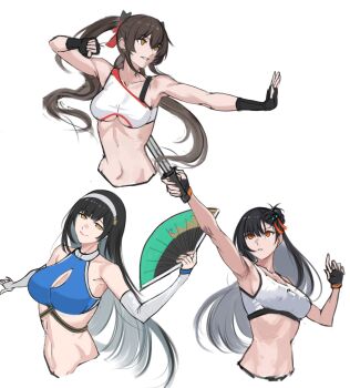 3girls alternate_costume black_gloves black_hair blue_sports_bra breasts brown_eyes brown_hair collarbone crop_top cropped_torso daiyan_(girls&#039;_frontline_2) elbow_gloves fingerless_gloves girls&#039;_frontline girls&#039;_frontline_2:_exilium gloves hair_between_eyes hair_ornament hair_ribbon hairband hairclip hand_fan highres holding holding_fan holding_sword holding_weapon jiangyu_(girls&#039;_frontline_2) large_breasts long_hair looking_at_viewer looking_down looking_up medium_breasts multiple_girls navel orange_eyes orange_ribbon qbz-191_(girls&#039;_frontline) qiongjiu_(girls&#039;_frontline_2) red_ribbon ribbon seilindekos sidelocks sports_bra sword twintails type_95_(girls&#039;_frontline) type_97_(girls&#039;_frontline) underboob upper_body weapon white_background white_gloves white_hairband white_sports_bra