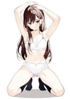 1girl armpits arms_up black_socks bow bow_bra bow_panties bra breasts brown_hair closed_mouth collarbone commentary_request commission crotch_seam expressionless full_body grey_eyes hands_on_own_head highres kneeling large_variant_set long_hair looking_at_viewer moonsorrow navel original panties pixiv_commission simple_background small_breasts socks solo stomach straight-on straight_hair underwear underwear_only variant_set white_background white_bra white_panties