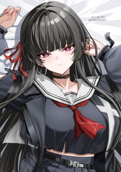 1girl artist_name black_choker black_hair black_jacket black_shirt black_skirt breasts chisa_(wuthering_waves) choker closed_mouth collarbone commentary dakimakura_(medium) fingernails hair_ribbon hands_up highres hiroki_(hirokiart) jacket large_breasts long_hair looking_at_viewer mole mole_under_eye neckerchief red_eyes red_neckerchief red_ribbon ribbon sailor_collar shirt skirt solo symbol-only_commentary upper_body very_long_hair white_sailor_collar wuthering_waves