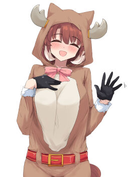 1girl :d ^_^ absurdres alternate_costume animal_costume black_gloves bow bowtie christmas closed_eyes commentary_request dantsu_flame_(umamusume) fake_horns gloves gryebooks highres horns horse_girl horse_tail looking_at_viewer multicolored_hair open_mouth pink_bow pink_bowtie simple_background smile solo tail two-tone_hair umamusume white_background white_hair