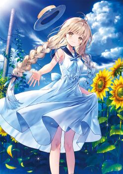 1girl artist_name bare_arms bare_shoulders blonde_hair blue_ribbon blue_sailor_collar blue_sky blush braid breasts closed_mouth cloud copyright_name cover cover_image day dress feet_out_of_frame flower hair_ribbon hanekoto hat head_tilt highres long_hair looking_at_viewer medium_breasts novel_illustration official_art otonari_no_tenshi-sama_ni_itsu_no_mani_ka_dame_ningen_ni_sarete_ita_ken outdoors petals ribbon sailor_collar shiina_mahiru_(otonari_no_tenshi-sama) sky sleeveless sleeveless_dress smile solo standing straw_hat sunflower textless_version twin_braids unworn_hat unworn_headwear very_long_hair white_dress wind yellow_eyes
