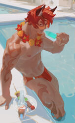 Rule 34 | 1boy, abs, bara, bulge, flower, flower necklace, food, from side, highres, holding, holding food, holding popsicle, jewelry, large pectorals, league of legends, looking at viewer, male focus, male swimwear, muscular, muscular male, navel, necklace, nipples, pectorals, poolside, popsicle, red hair, sanpaku, scar, scar on face, sett (league of legends), short hair, solo, stomach, swim briefs, topless male, wading, yodenn 4