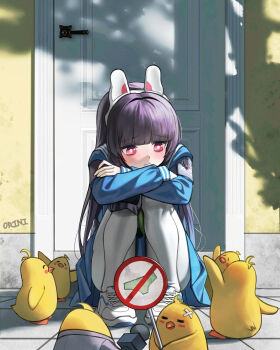 1girl absurdres animal_ears blue_archive blue_serafuku blue_shirt blue_skirt brown_hair fake_animal_ears highres loli long_hair miyu_(blue_archive) orini outdoors pantyhose pleated_skirt rabbit_ears red_eyes sailor_collar school_uniform serafuku shirt shoes skirt sneakers solo squatting very_long_hair white_pantyhose