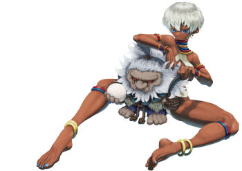 1boy 1girl absurdres akuma_(street_fighter) anklet armlet blue_eyes blue_nails bracelet commentary dark-skinned_female dark_skin elena_(street_fighter) food highres jewelry neck_ring nojob_hiro onigiri short_hair simple_background street_fighter white_background white_hair