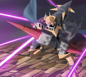 Rule 34 | absurdres, armor, battle, black armor, darkknightmon, digimon, digimon (creature), double-sided polearm, full body, highres, knight, laser, polearm, red eyes, shoulder armor, solo, spear, taira (tairamon), weapon