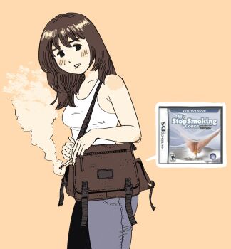 Rule 34 | 1girl, bag, biting own lip, black eyes, blush, brown hair, cigarette, commentary, cowboy shot, denim, dot nose, english commentary, handheld game console, heidi (heytherenrds), highres, holding, holding cigarette, jeans, looking down, medium hair, nintendo, nintendo ds, orange background, pants, shoulder bag, simple background, sleeveless, smoke, vest, white vest