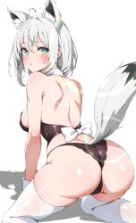 Rule 34 | 1girl, absurdres, ahoge, alternate costume, animal ear fluff, animal ear piercing, animal ears, ass, back bow, backless outfit, bare shoulders, black panties, blush, bow, breasts, commentary, crop top, detached collar, fox ears, fox girl, fox tail, green eyes, grey hair, hair between eyes, highres, hololive, isakoro (hx9cj), kneeling, large breasts, lens flare, looking at viewer, median furrow, panties, parted lips, shadow, shiny skin, shirakami fubuki, short hair, shoulder blades, sidelocks, simple background, solo, strapless, string panties, tail, tail raised, thighhighs, underwear, virtual youtuber, white background, white bow, white thighhighs, white wrist cuffs, wrist cuffs