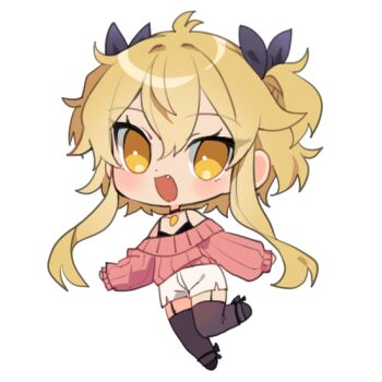 1boy :d birthday black_bow black_choker black_tank_top black_thighhighs blonde_hair blush bow chibi choker commentary english_commentary envy_elika_(koyashaka) eyelashes fang garter_straps hair_bow koyashaka leg_up mary_janes off-shoulder_sweater off_shoulder open_mouth original pink_sweater shoes short_hair_with_long_locks shorts smile sweater tank_top thighhighs trap white_shorts yellow_eyes