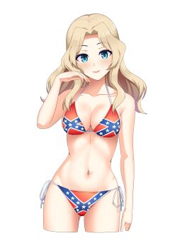 1girl absurdres artist_request bikini blonde_hair blue_eyes breasts cleavage confederate_flag confederate_flag_bikini confederate_states_of_america female_focus flag_print_bikini girls_und_panzer highres kay_(girls_und_panzer) large_breasts looking_at_viewer midriff smile solo source_request swimsuit transparent_background